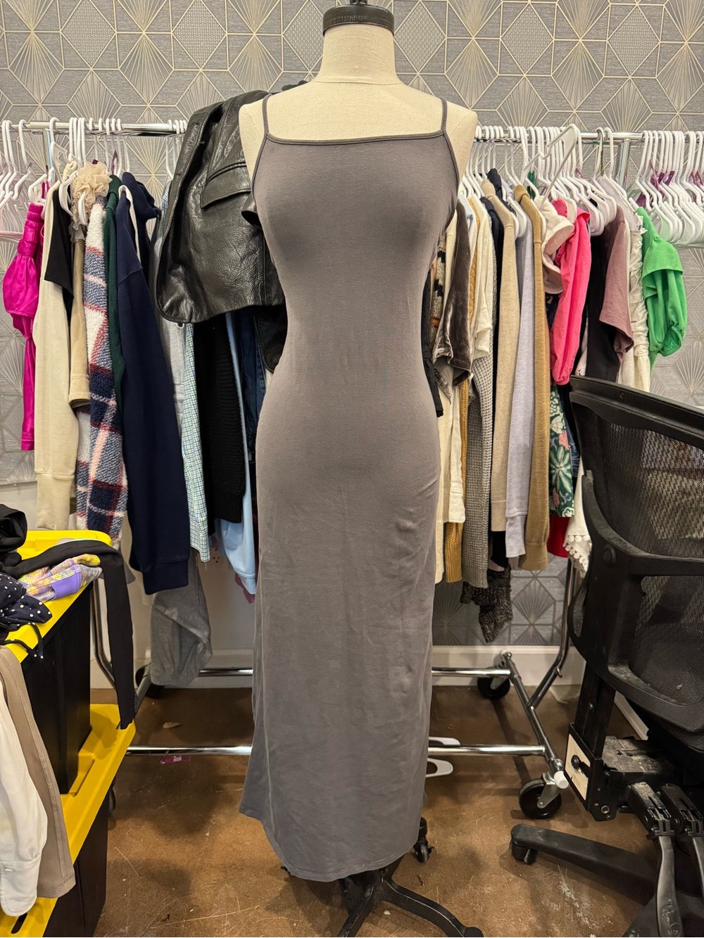 Sleek Gray Spaghetti-Strap Maxi Dress